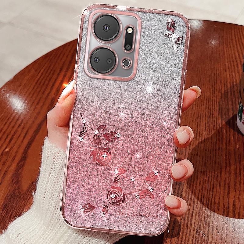 

KADEM Rhinestone Flower Glitter Case for Honor X7a 4G Gradient Anti-scratch TPU Phone Cover Blue