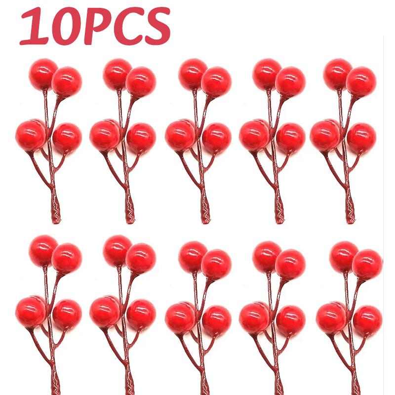 10PC Christmas Artificial Berries Branches Decor Xmas Red Berry Flowers Bouquet DIY Holiday Wreath Craft Home Party Ornament