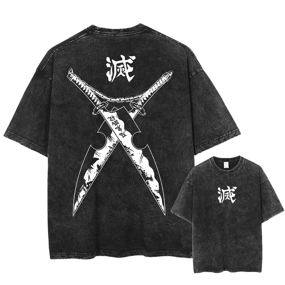 Men Streetwear Summer Rengoku Kyoujurou Top Tee Harajuku Anime Demon Slayer Printed T-shirt Vintage Washed Oversized Tshirt