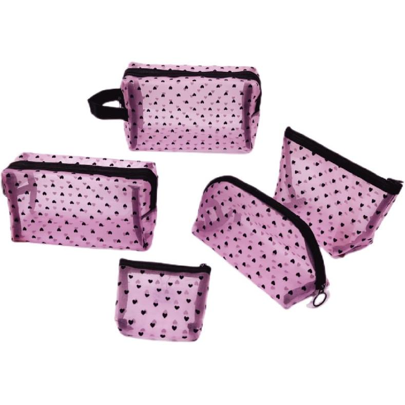 5 Pieces Heart Mesh Makeup Bags Set, Portable Travel Toiletry Bag Travel Makeup Organizer Bag Cosmetic Bags for Women Girls, Small Items Storage
