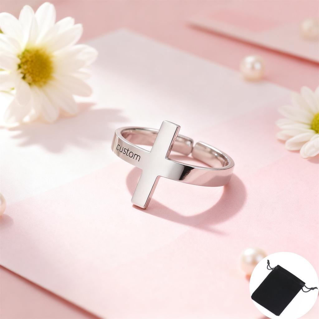 Customized Name Cross Ring Personalized Carving Name Date Ring Stainless Steel Adjustable Couple Ring Commemorative Jewelry Gift