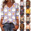 Women Casual Halloween Print V Neck Three Quarter Sleeve Top Lightweight Comfortable Fit Stylish Design for Daily Wear