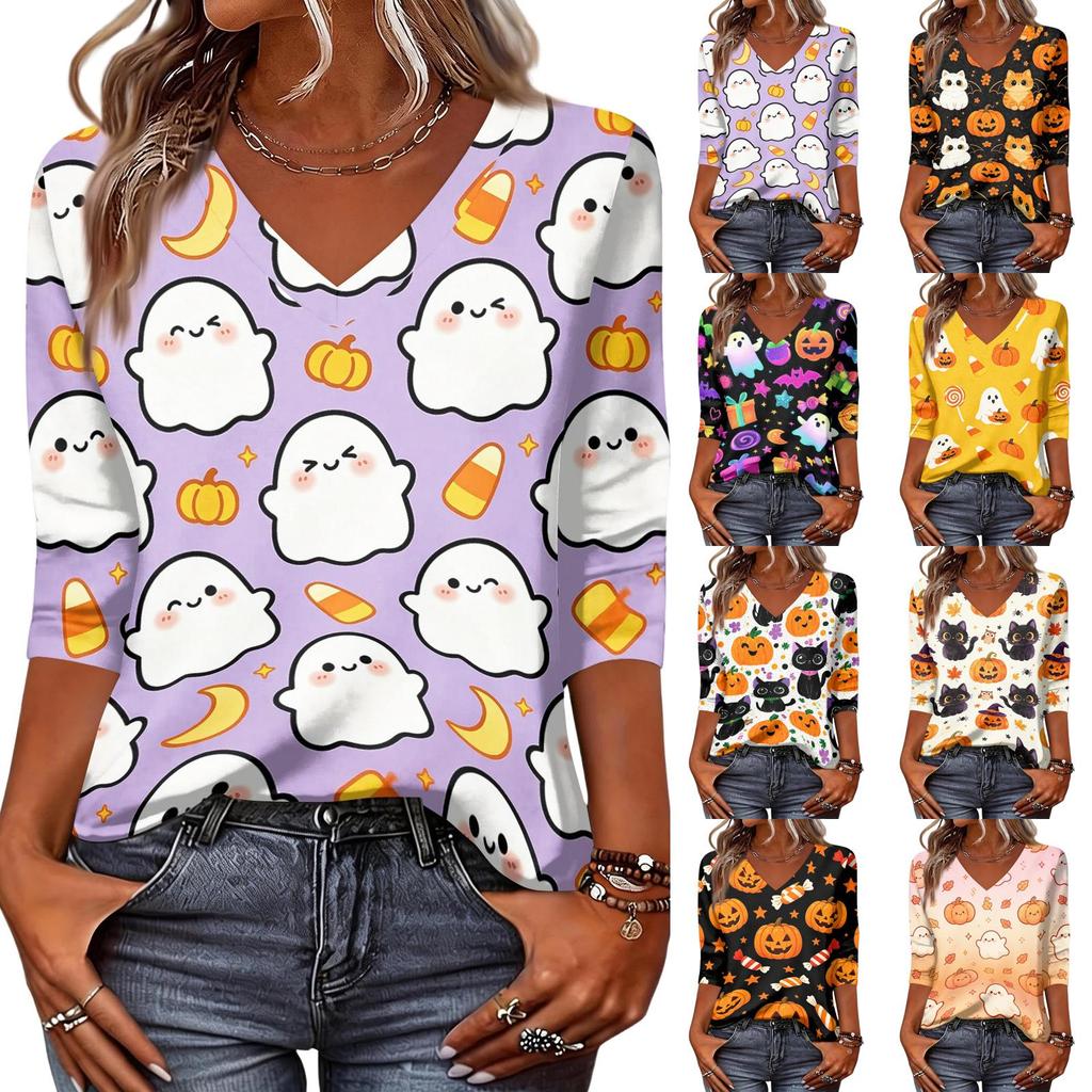 Women Casual Halloween Print V Neck Three Quarter Sleeve Top Lightweight Comfortable Fit Stylish Design for Daily Wear