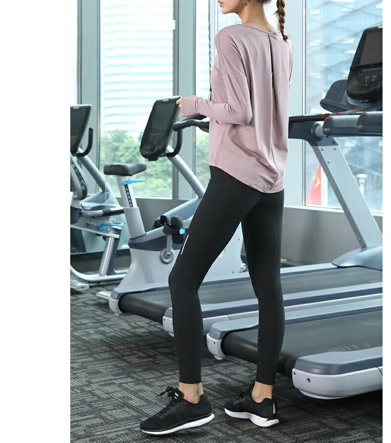 DAYCLOSET Long Sleeve Yoga Top with Pilates Finger Asymmetrical Open Yoga183 Women's Design, Holes, Hem, Quick-Drying, Sweat-Wicking, Thin, Back, (M,