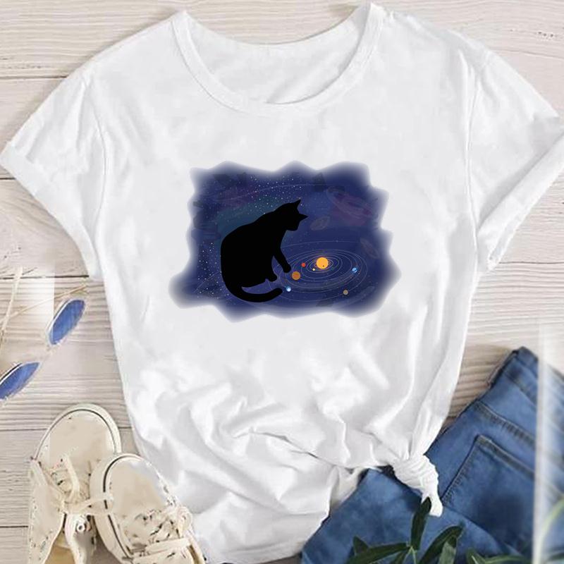 Fashion Cartoon Cat Plant Casual New Lovely Tees Women Short Sleeve Lady Female Graphic Tops Clothes Print Tshirt TShirt