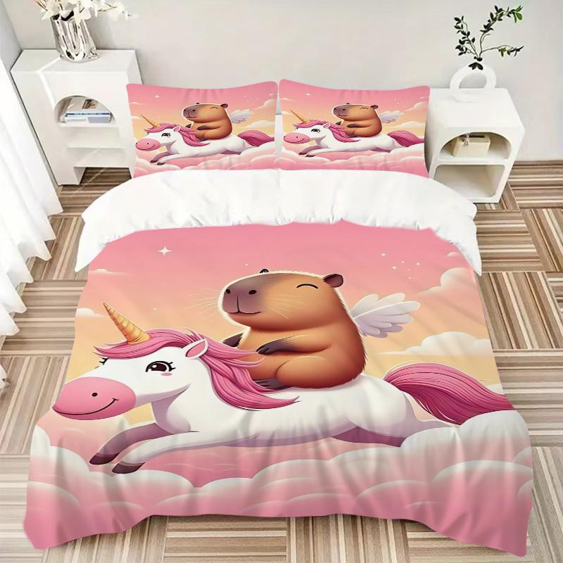 3pcs Unicorn, Capybara Duvet Cover Set - Machine Washable, Includes 1 Cover and 2 Pillowcases, No Core Included yy251013110