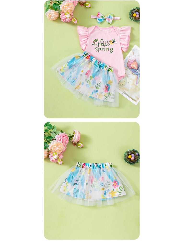 3-Piece Baby Girl Outfit: Fly Sleeve Romper, Skirt, Hair Accessories for Spring/Summer