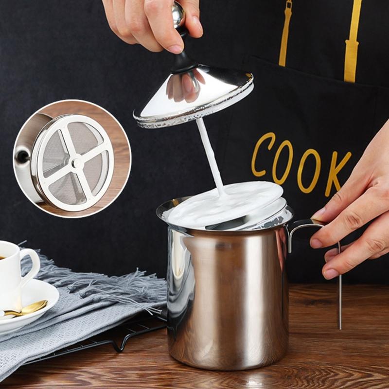 Nonrust Steel Manual Milk Frother Double Layer Whisks For Homemade Coffee No Electricity Need Portable Design