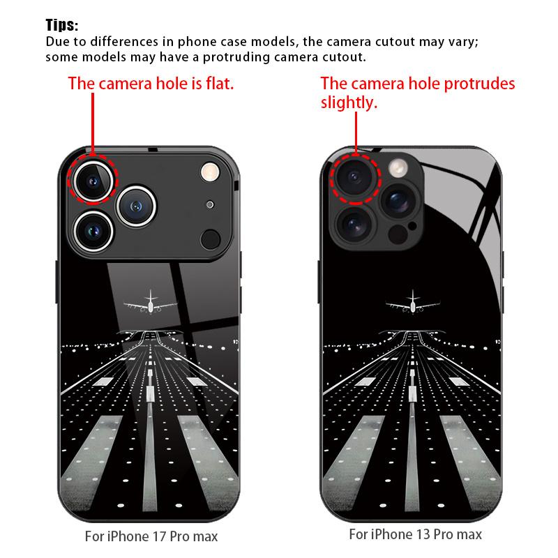 Black and White Night Scene Runway Airplane Pattern HD Glass Phone Case for iPhone 17 16 15 14 13Pro 12 11 11Pro Stylish Case