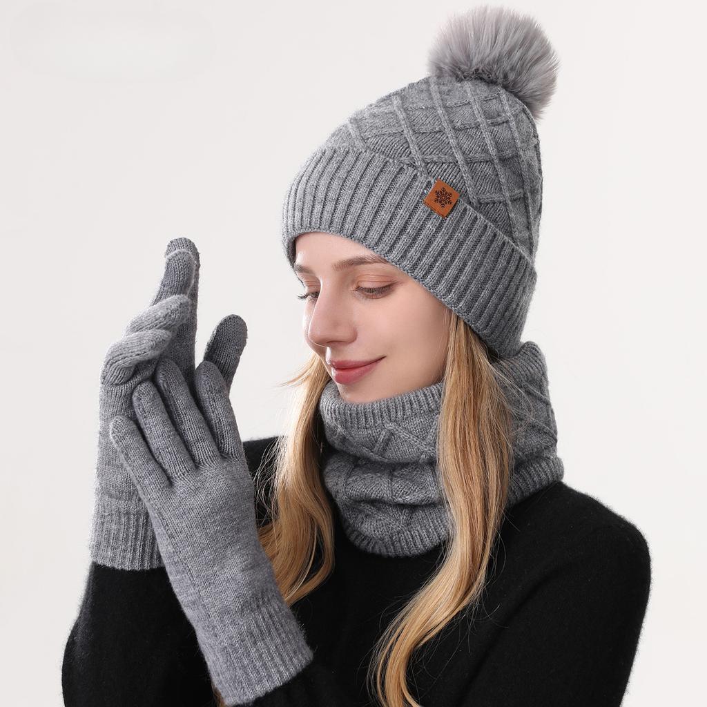 Winter Knitted Hat for Women's Cold Proof Double Layer Plus Velvet Thickened Warm Knitted Hat Scarf Gloves Three Piece Set