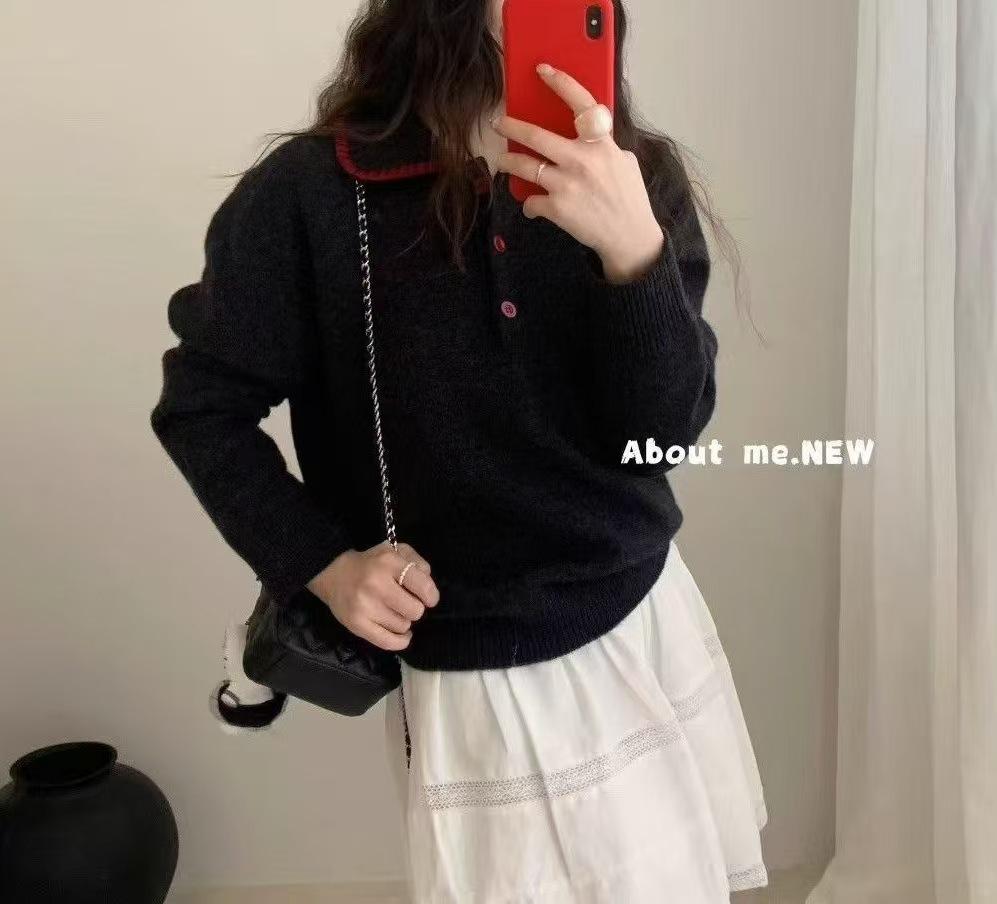 Women's Contrast Color Polo Collar Long-Sleeve Wool Knit Sweater - Loose Fit, Slimming Autumn Top