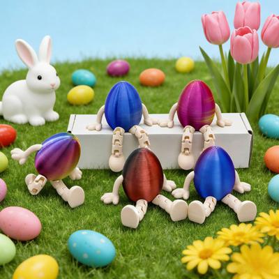 Easter Egg Figurine with Articulated Legs 3D Printed Movable Joints Rabbit Ear Egg Fidget Toy Holiday Party Decoration Ornament