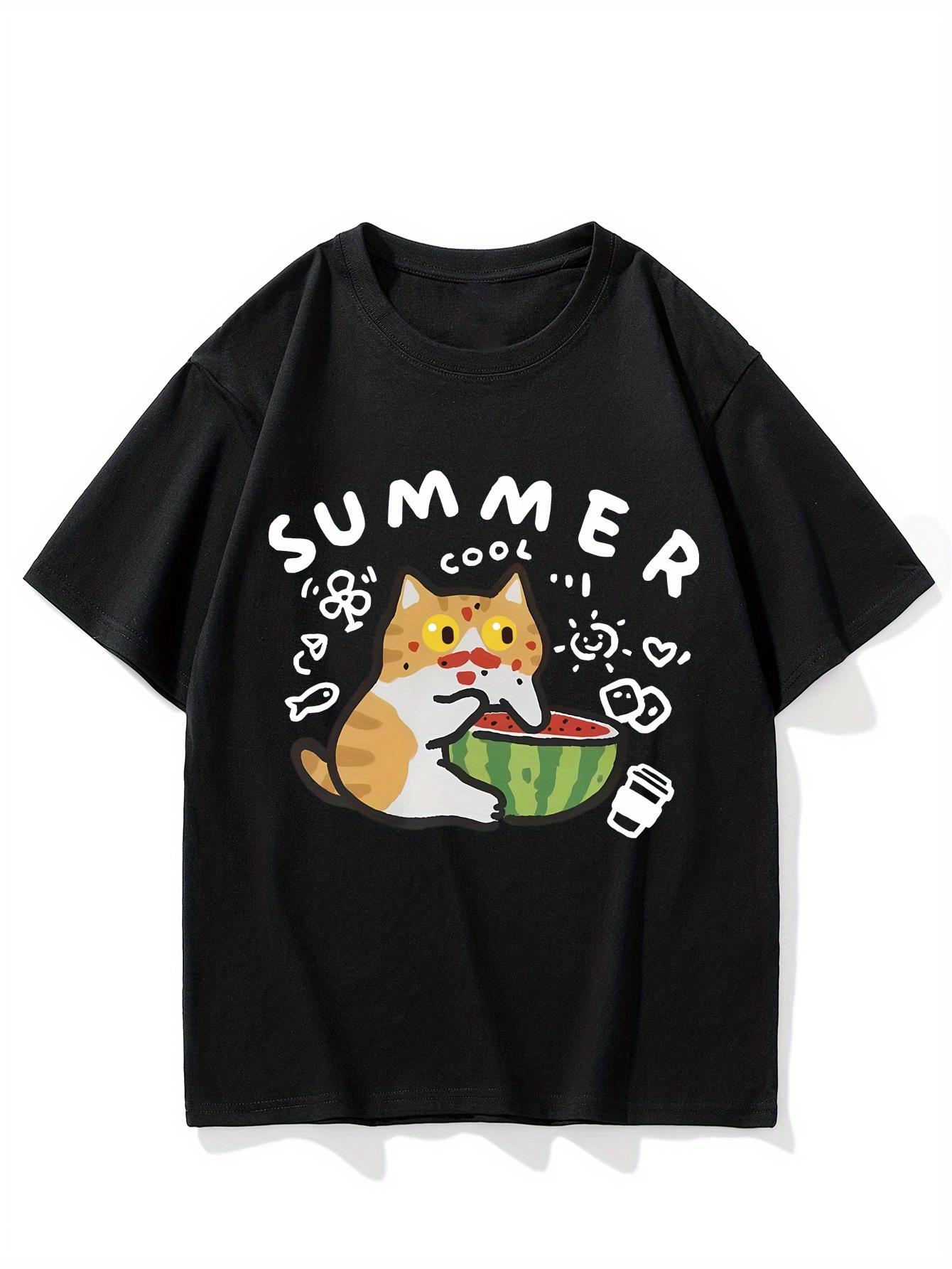 Funny Summer Cat Eating Watermelon Graphic TShirt Women Kawaii Kitten Print Tee Harajuku Short Sleeve Casual Vacation Top S