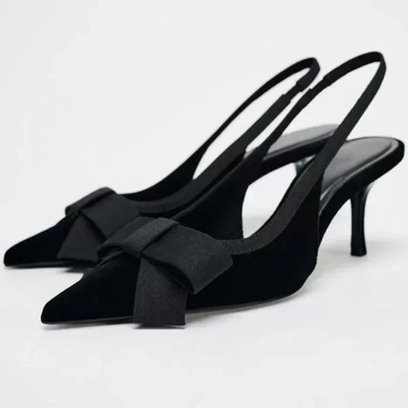 Fashion Black Velvet Butterfly-knot Designer Heeled Sandals Women Sexy Pointed Toe Slingbacks Women Pumps Elegant Party Dress High Heels