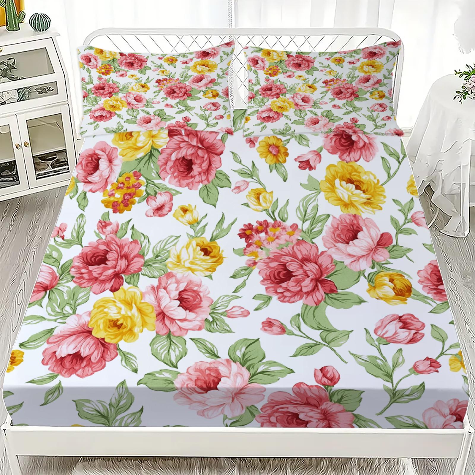

1PC Fitted Sheet Beautiful Flowers Cat Print Set 100% Polyester Mattress Covers Cozy Bedding Set Gift Bedroom Decor 2 Pillowcase Twin99x190x25cm
