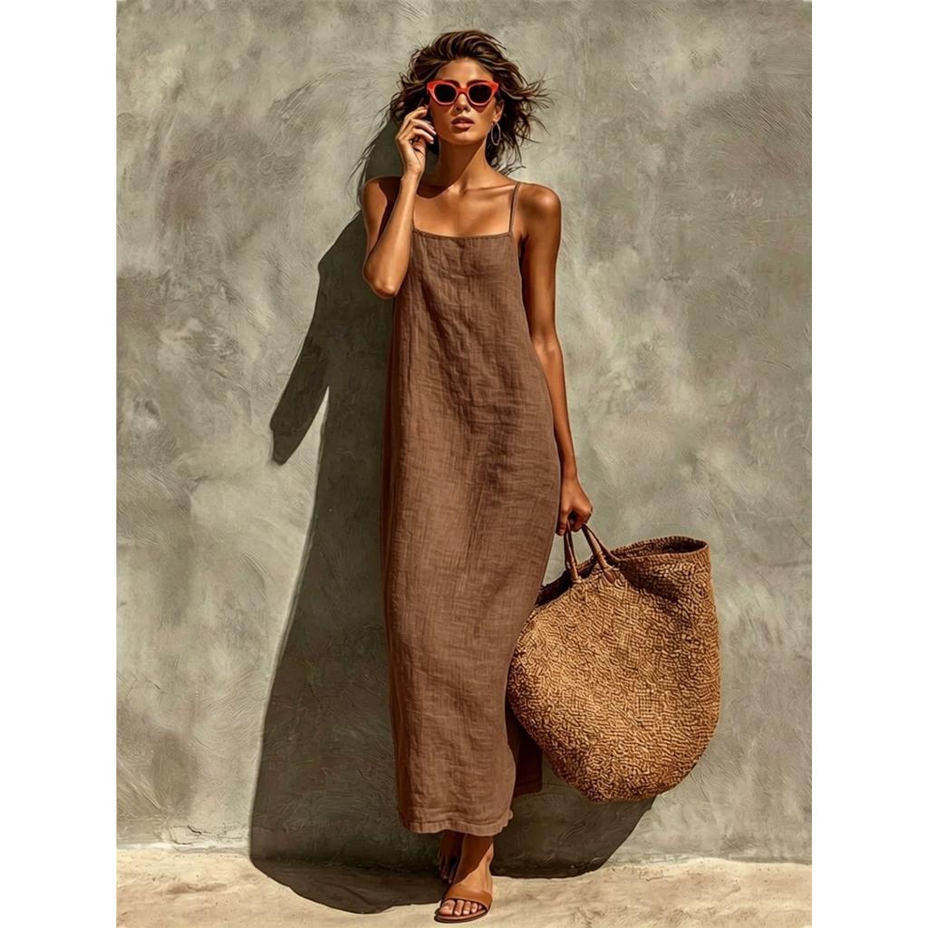 Summer Solid Color Retro Lazy Vibe Cotton Linen Slip Long Dress for Women Sexy Casual Party Dresses