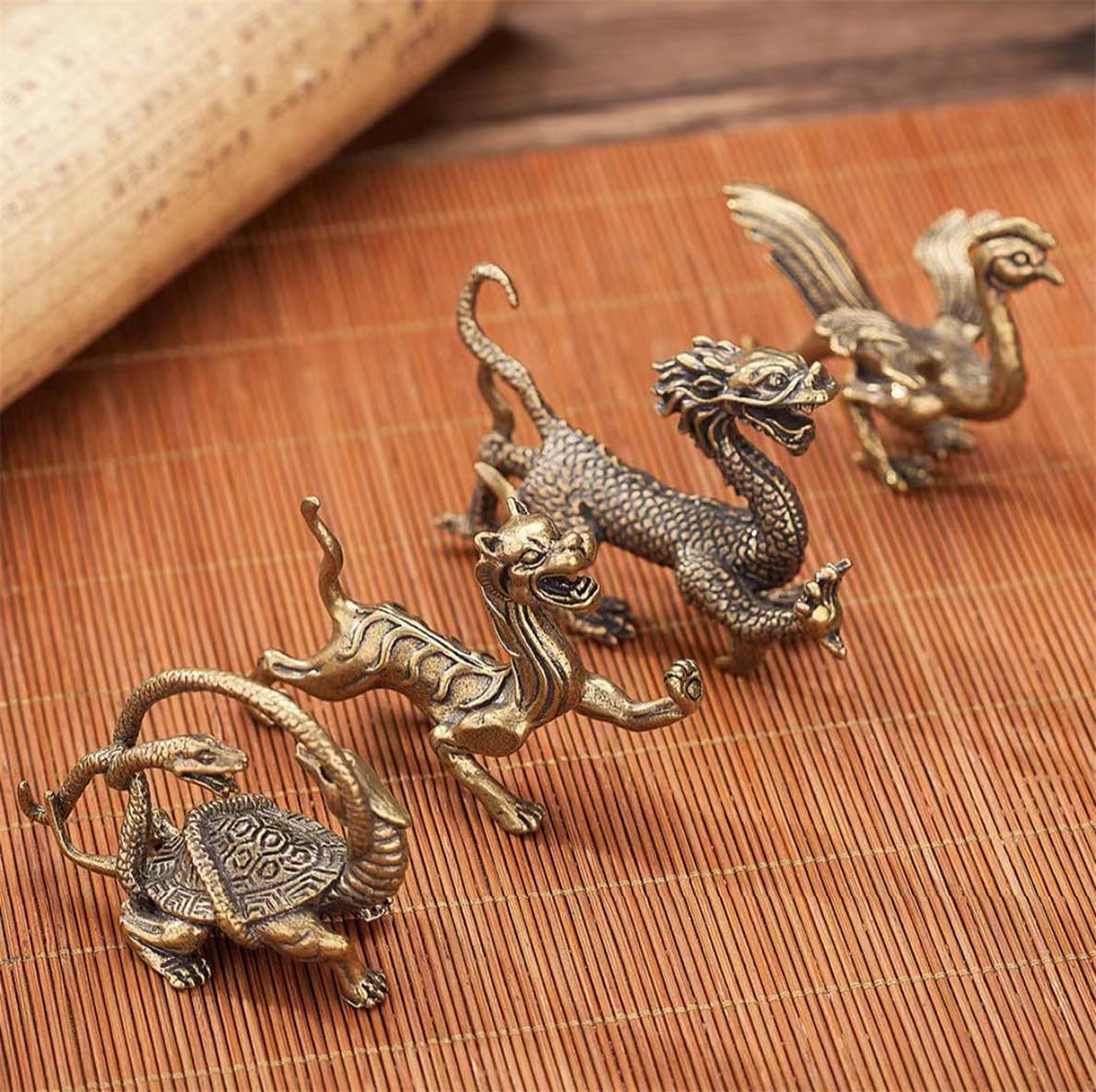 xiulin Feng Shui Goods: Copper Four Divine Beasts Figurines (Azure Dragon, White Tiger, Vermilion Bird, Black Tortoise) - Mini Size - Auspicious Beast