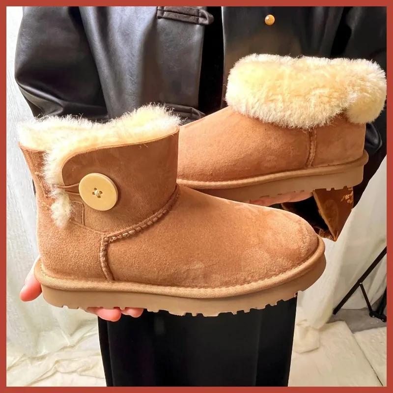 Fashion One Button Low Cut, High-end Quality 2-in-1 Genuine Leather, Real Wool, Sheepskin Fashionable and Warm Chestnut Thick Snow Boots