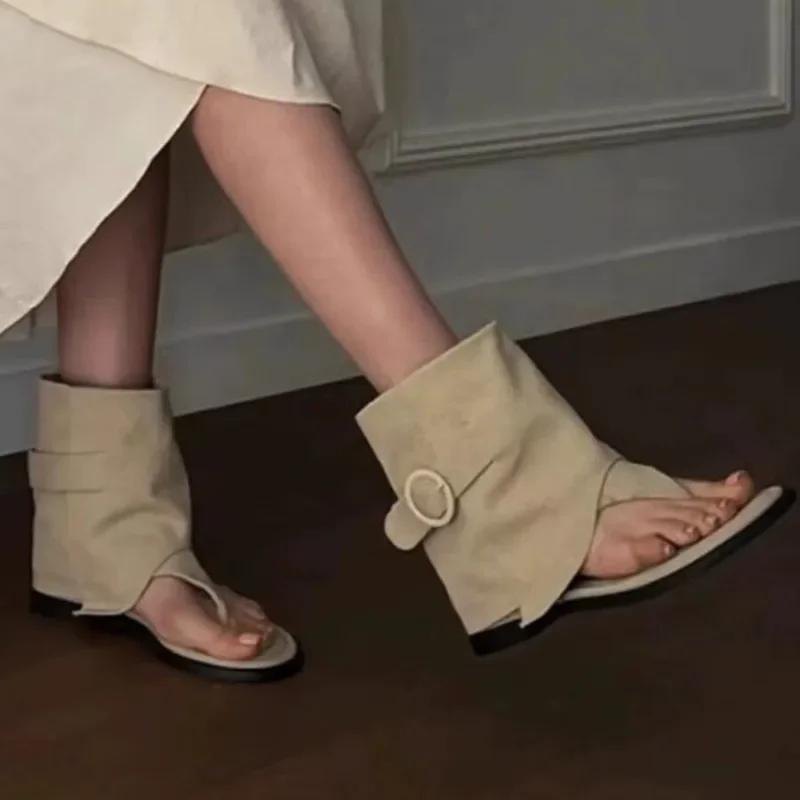 New 2025 Summer Women Sandals Boots Fashion Open Toe Flats Sheepskin  Retro High Top  Street Shoes Zapatos De Mujer