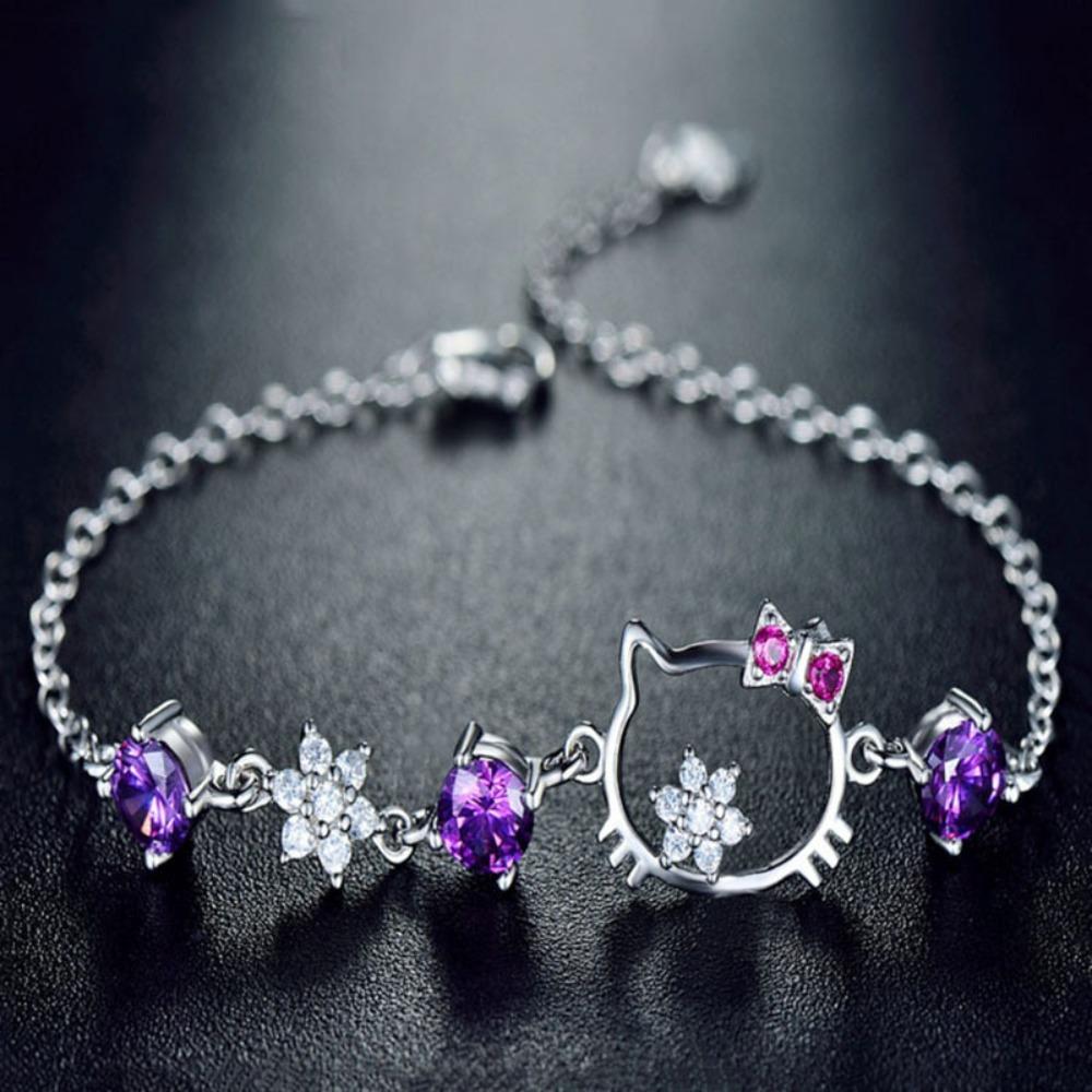 

Fashion Bracelet with Colorful Zircon KT Cat Charm Silver Jewelry Trendy Cartoon Cat Accessory
