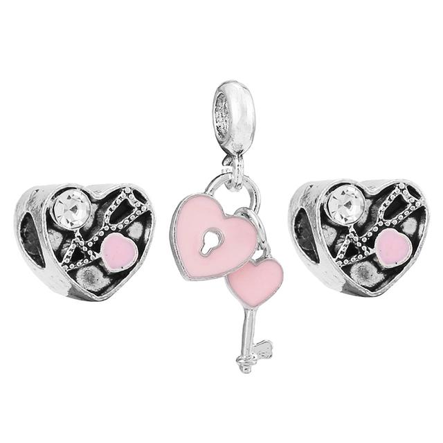 3pcs /Lot Pink Love Heart Beads Enamel Mom Pendant Fit Diy Brand Charm Bracelets Necklaces For Women Mother Jewelry Making