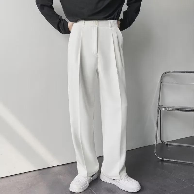 Hong Kong Style Men's Loose Autumn Wide-Leg Trousers: White, Free-Ironing, Casual