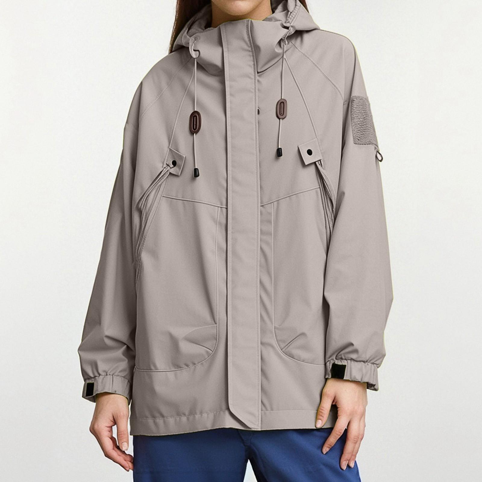 

Женская дождевая куртка Легкая водонепроницаемая ветровка Свободного кроя Дождевик Одежда для походов с капюшоном Большого размера S хаки