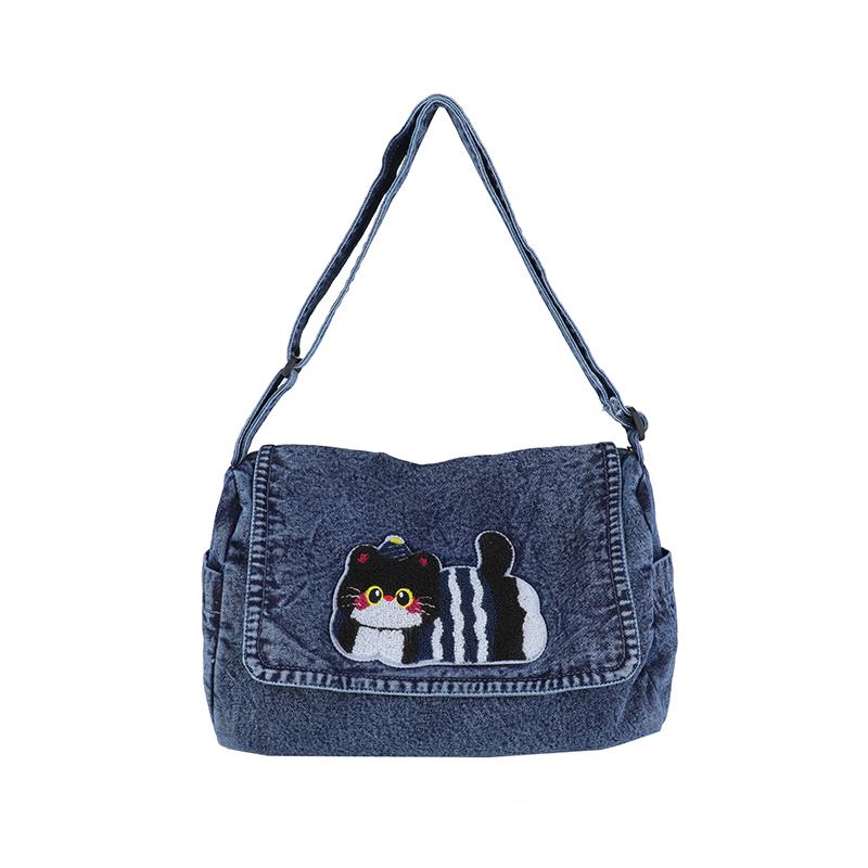 Джинсовая сумка-тоут с вышивкой котенка, женская, большая вместимость, на плечо, кроссбоди темно-синий
