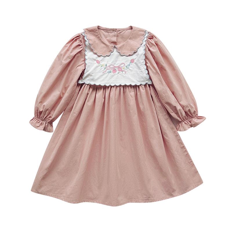 Sweet Strawberry Embroidered Princess Dress: Autumn 2025 Two-Piece Look, Color Block, Long Sleeve Cotton Dress for Girls