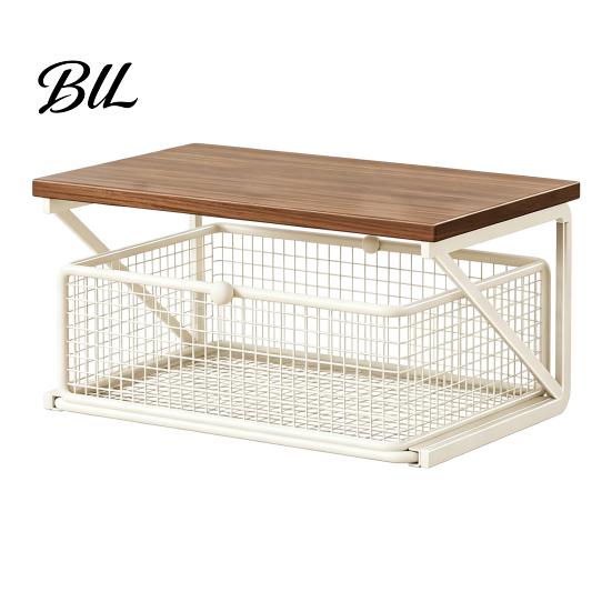 Dust Proof Storage Drawer Coffee Station Organizer with Drawer, Tiered Bar Organizer, Wooden Top Shelf, Accessories Wire Mesh Drawers for Tea