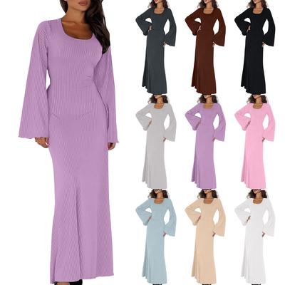 Women's Elegant Tie-Waist Knitted Dress Horn Sleeve Maxi Dress For Women U Neck Solid Color Long Dress Ribbed Bodycon Fall Dress