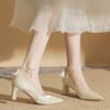 Woman Footwear Beige Pearl Wedding Bride Shoe High Heels Pointed Toe Block Heel Shoes for Women Non Slip Fashion  High Heels