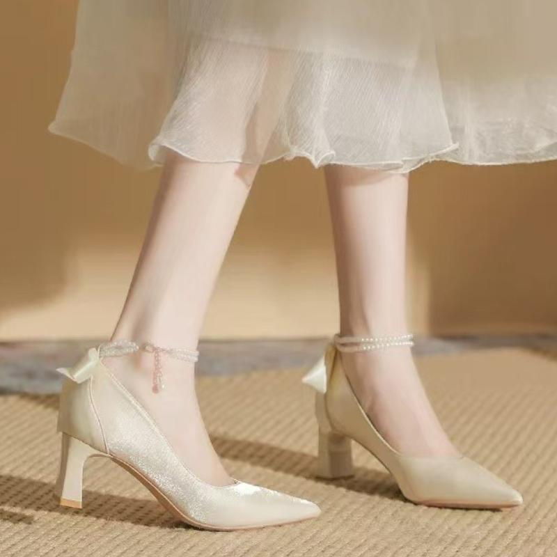 Woman Footwear Beige Pearl Wedding Bride Shoe High Heels Pointed Toe Block Heel Shoes for Women Non Slip Fashion High Heels