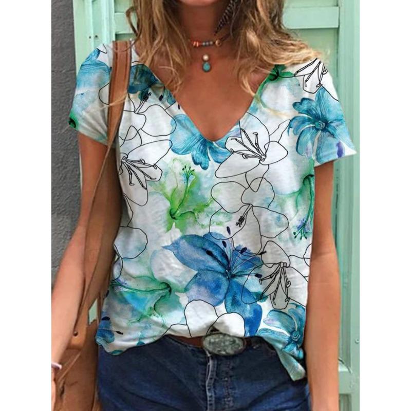 Summer V-neck 3D Mother's Day Alphabet Flower Printed Top Fashionable Casual Short Sleeved Women's T-shirts