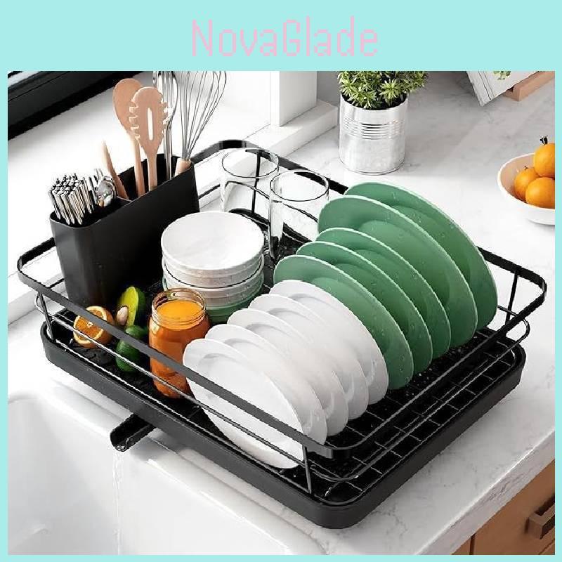 Modern Minimalist Water Drainage Dish Rack With Divided Storage For Kitchen Countertop Use