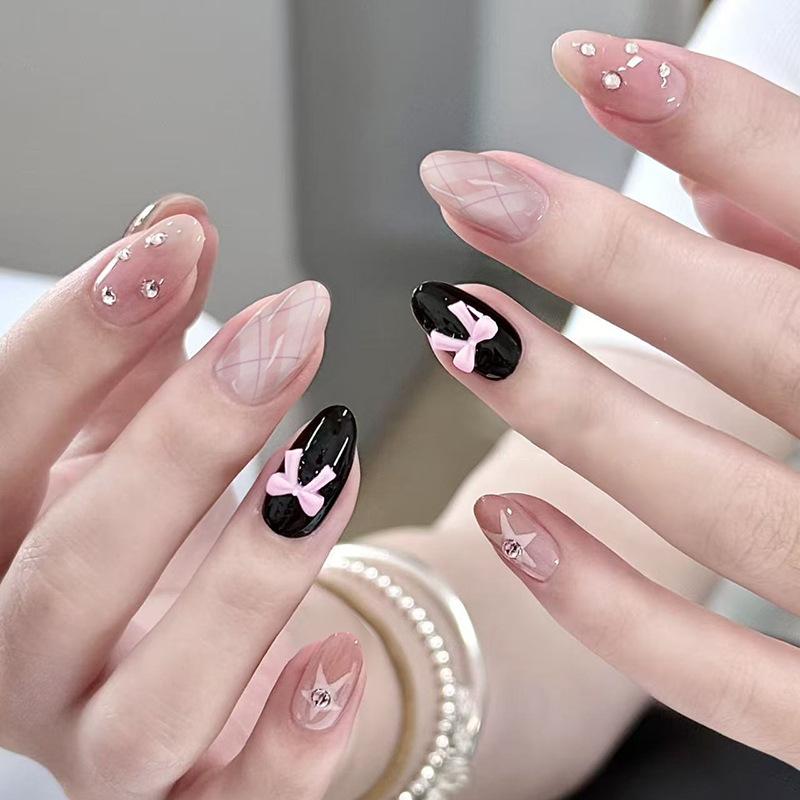 Sweet Pink Bow Blush Glitter Diamond Plaid Girly Versatile Removable Wearable Nails 30 Pieces