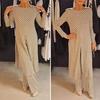 Yousheng 2 Pcs/Set Dress Pants Set Dot Print Round Neck Long Sleeves Split Hem Midi Dress Straight Wide Leg Slim Fit Trousers Set Casual Daily Wear