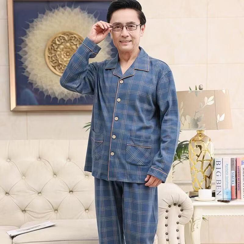Yu Zhaolin Men's Mid-Aged Long Sleeve Cotton Pajama Set