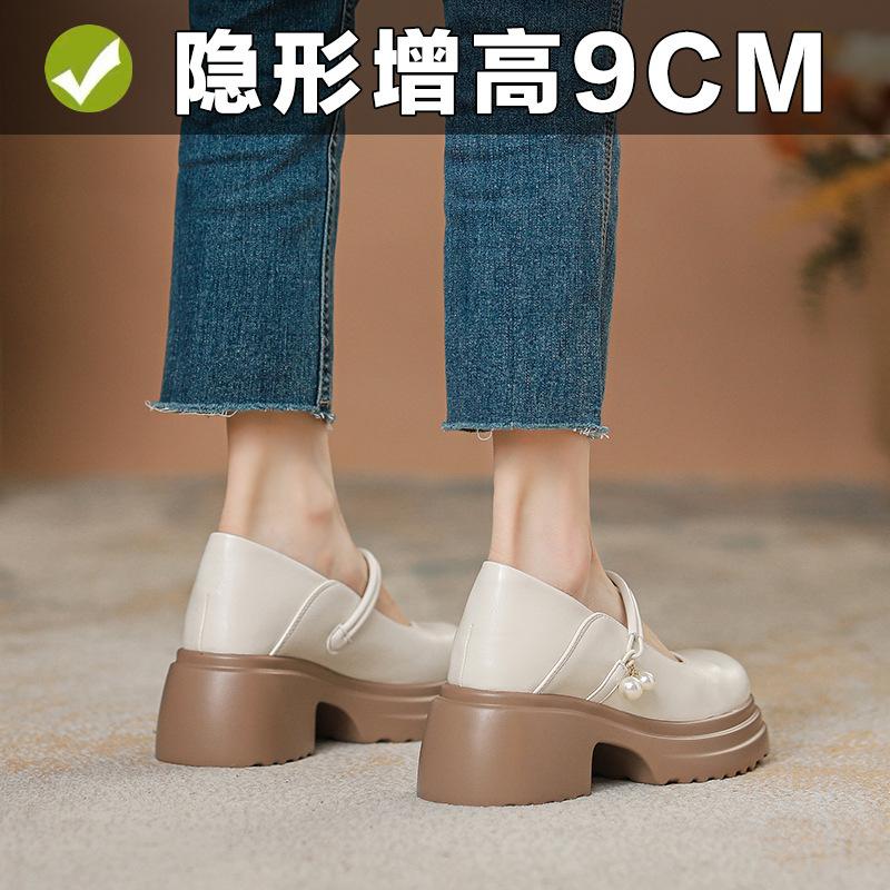 Leather Inner Height Increase 9CM Thick-soled White Mary Pearl Women's Shoes New Thick-soled Thick-heeled Single Shoes
