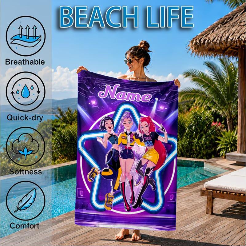 Custom Name KPop Cartoon Beach Towel Microfiber Beach Towel, Lightweight and Quick-Dry, for Summer Travel, Swimming Pool Gift
