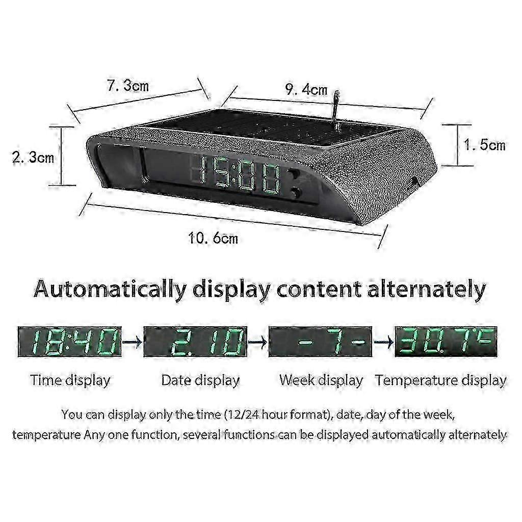 Autoklokken met Nachtweergave Thermometer Auto Interieur Plak-op Digitale Klok Zonne-energie 24-Uurs Autoklok