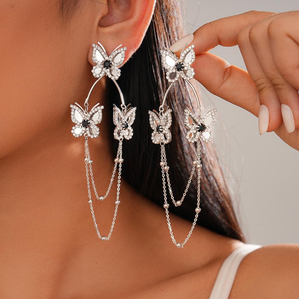 Diamond-set butterfly tassel silver needle earrings exquisite earrings