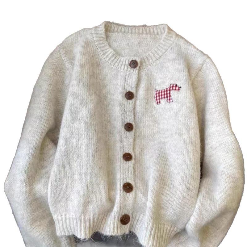 Retro puppy sticker soft glutinous sweater cardigan women's autumn and winter wear loose lazy wind knitted sweater top