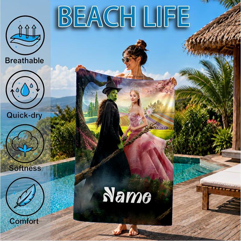Custom Name Beach Towel Magic Friendship witch Microfiber Beach Towel, Lightweight for Summer Travel, Swimming Pool Fan Birthday Gift