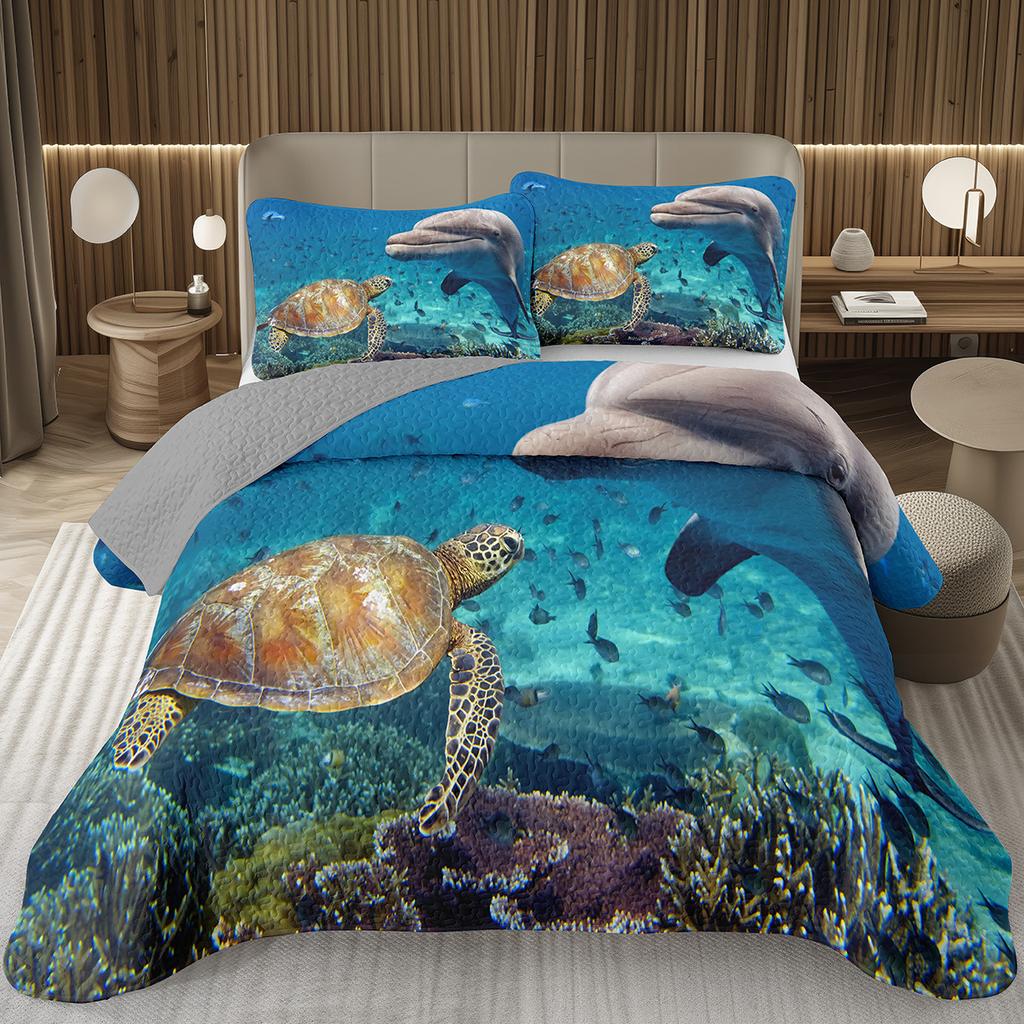 Cute Dolphin Bedspread Twin/King Reversible Grey Quilted Coverlet Ocean Animal Bedding Set 2/3 Pieces Soft Lightweight Quilt Set