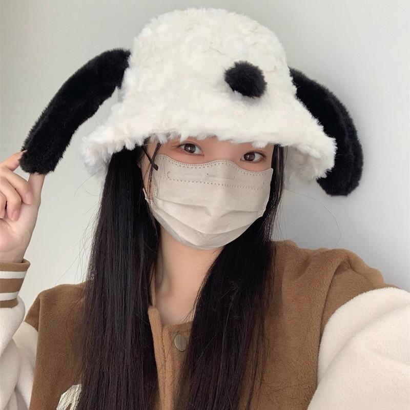 Cute puppy plush bucket hat female autumn and winter white fluffy face small warm ear protector hat student versatile