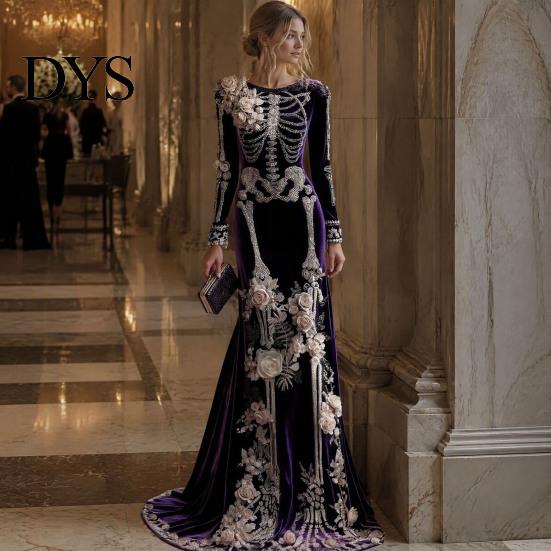 Floor Length Dress Women Skeleton Print Maxi Dress, Gothic Long Sleeve with Evening 3D Flower Decor, Velvet Floral for Halloween Costume Party