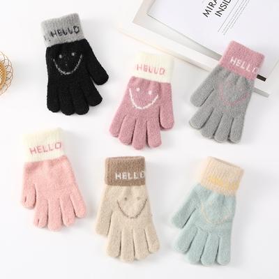 2022 Women Autumn Winter Cute Cartoon Embroidery Smiley Mittens Female Thicken Plus Velvet Plush Warm Knit Gloves