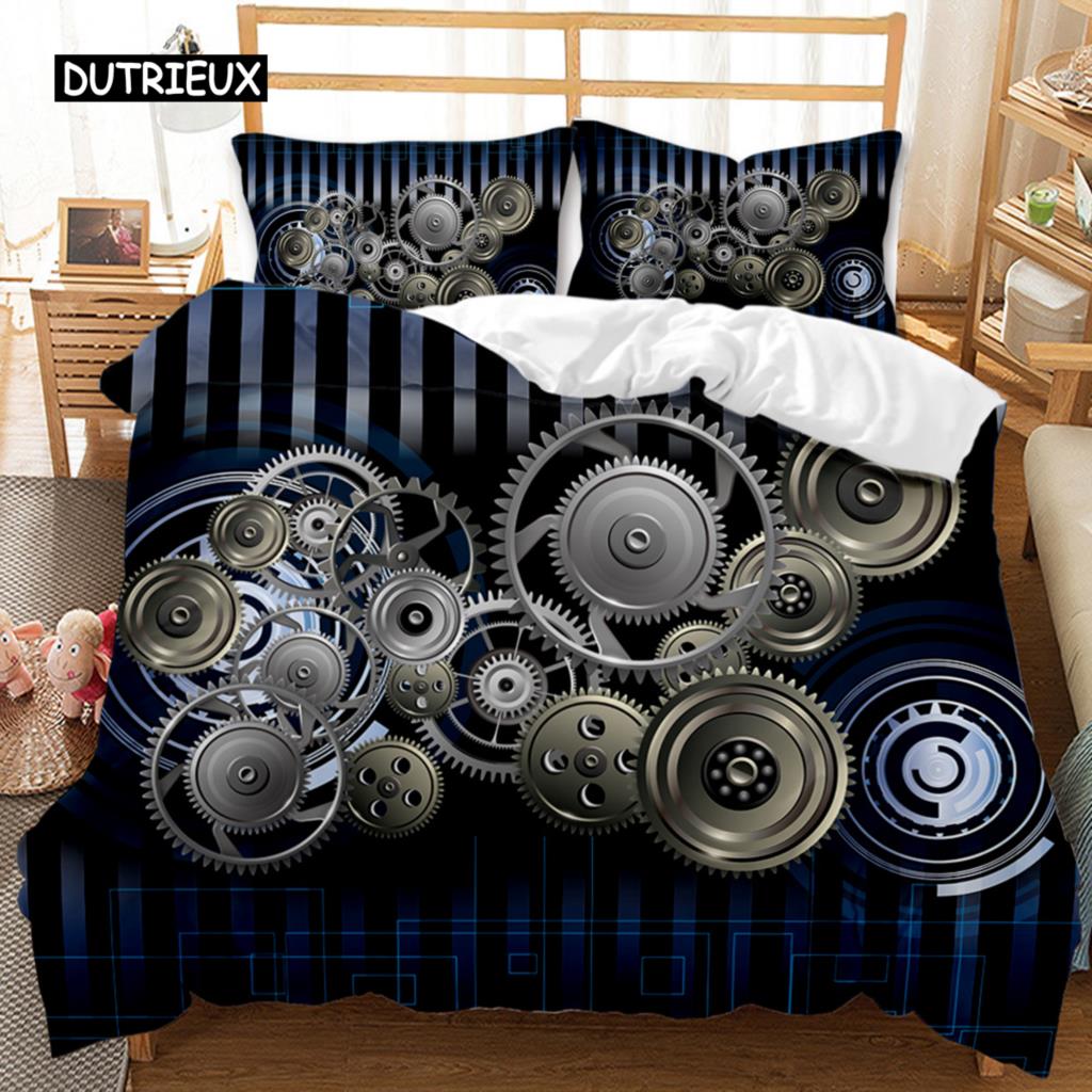 Mechanical Gear Duvet Cover Set Steampunk Style Bedding Set Clocks Polyester Comforter Cover Men Mechanical Device Bedclothes