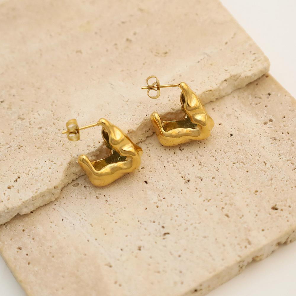 Personalized Irregular Titanium Steel Earrings Premium 18K Gold Geometric Embossed Stud Earrings Jewelry
